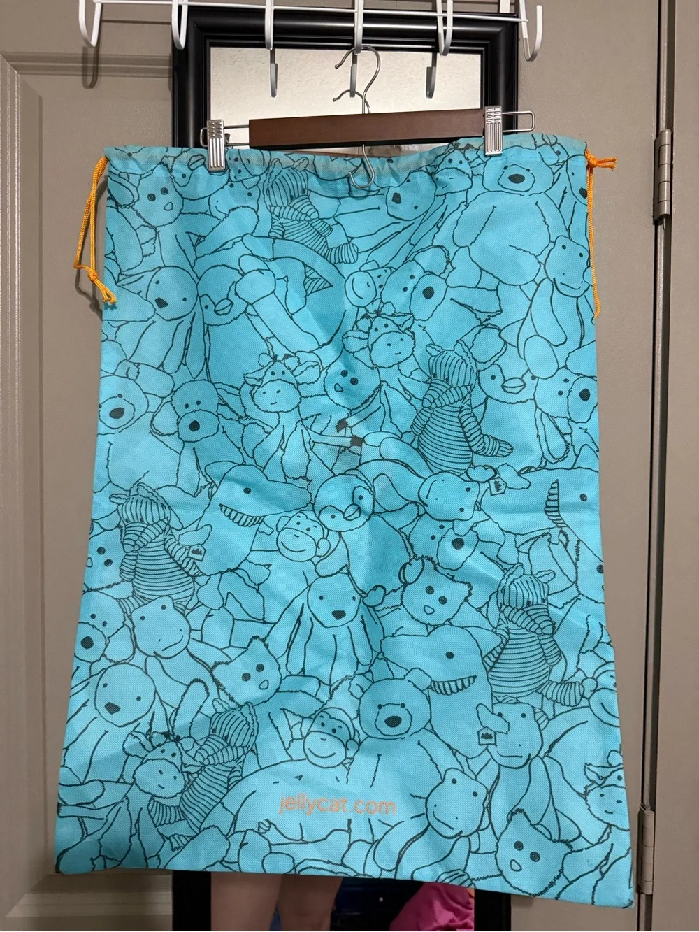 Jellycat Bright Aqua Drawstring Bag with Orange Accents